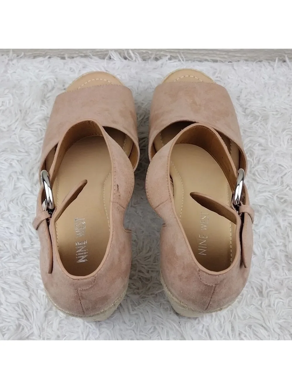 NINE West Adell Pink Faux Suede Open Toe Ankle Strap Platform Wedge Espadrilles